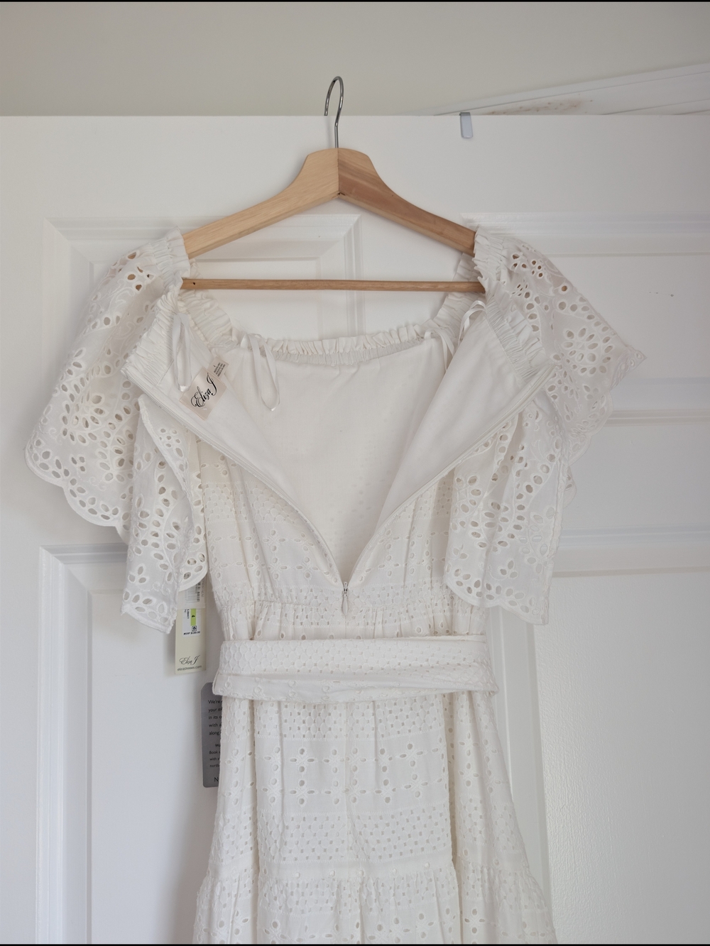 Eliza J Ivory White Off-Shoulder Eyelet Boho Cotton Midi Long Dress Belted Sz 4 - Picture 10 of 15